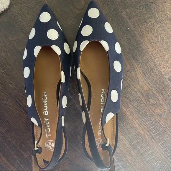 NEW TORY BURCH Navy Blue White Polka Dot Kitten Heel Sling Back Shoes Size 7